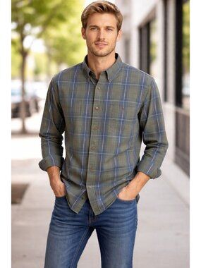 C.E. Schmidt Button Down Shirt Mens 2XT Green Blue Flannel Plaid Casual Top Long